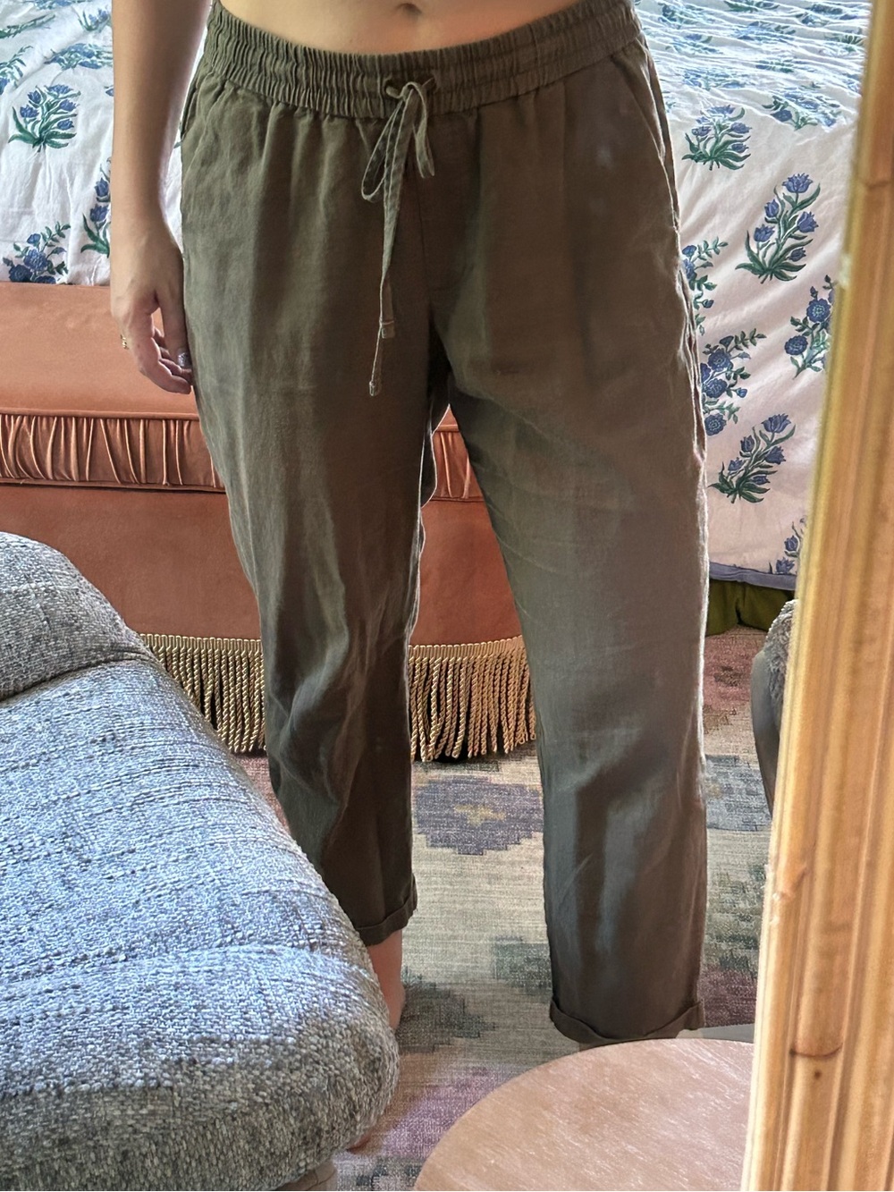 J. Crew Olive Linen-Cotton Blend Drawstring Cropped Pants